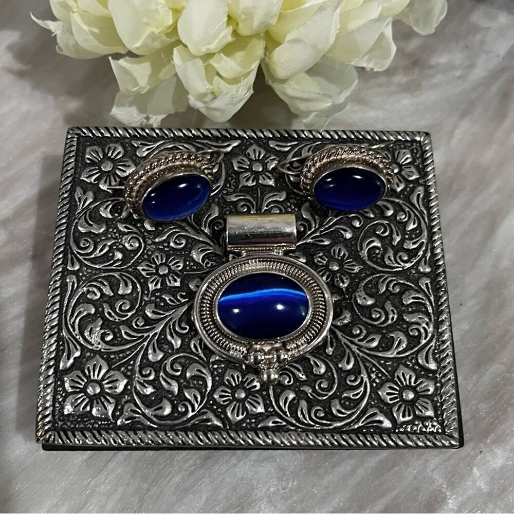 Vintage Mexican Taxco 925 Sterling Silver Cabochon Cut Cats Eye Pendant Earrings - Picture 13 of 15